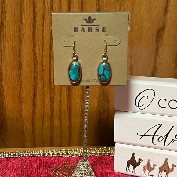 NWT Barse Genuine Stones Dolce Teal Blue Turquoise Matrix Golden Drop Earrings - Picture 6 of 6